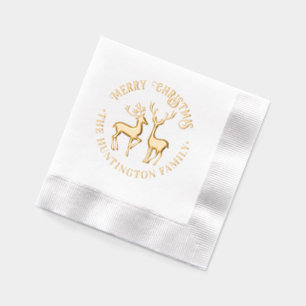 Rustic 2 Deer Merry Christmas Greeting Family Name Foil Napkins
