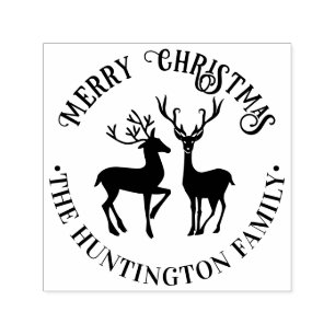 Rustic 2 Deer Merry Christmas Greeting Family Name Self-inking Stamp