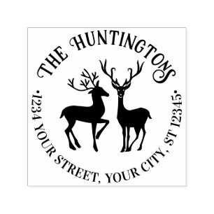Rustic 2 Deer Round Family Name Return Address Self-inking Stamp