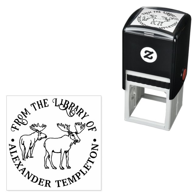 Rustic 2 Moose with Antlers Library Book Name Self-inking Stamp (In Situ)