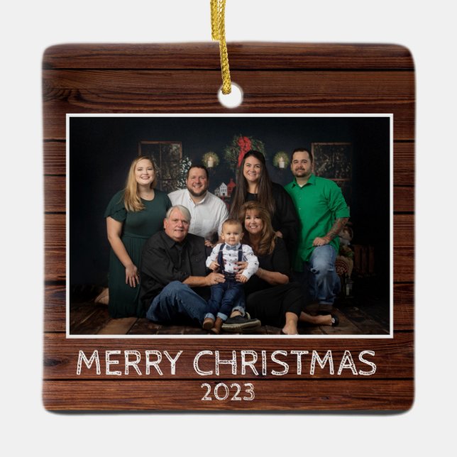 Rustic 2-Photo 2-sided Family Photo Wood Back Ceramic Ornament (Front)