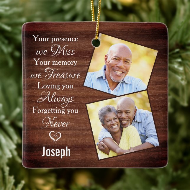 Rustic 2 Photo Sympathy Memorials Keepsake Ceramic Ornament (Creator Uploaded)