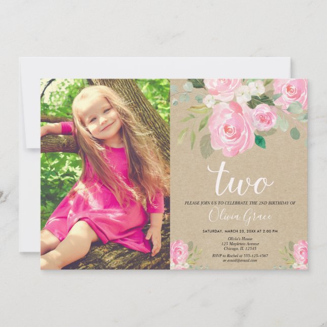 Rustic 2nd birthday girl blush pink floral kraft invitation (Front)