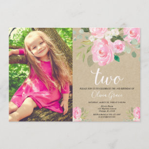 Rustic 2nd birthday girl blush pink floral kraft invitation