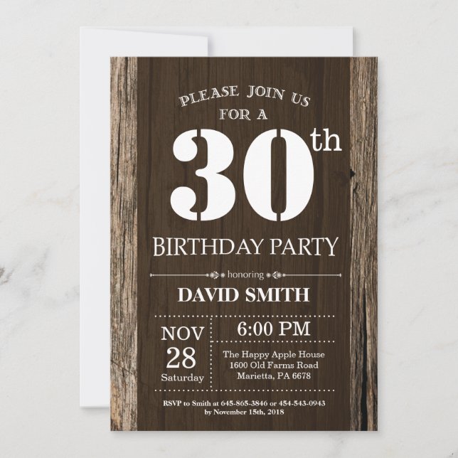 Rustic 30th Birthday Invitation Vintage Wood (Front)