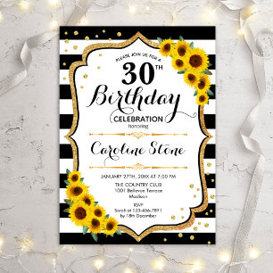 Rustic 30th Birthday - Sunflowers Stripes Invitation