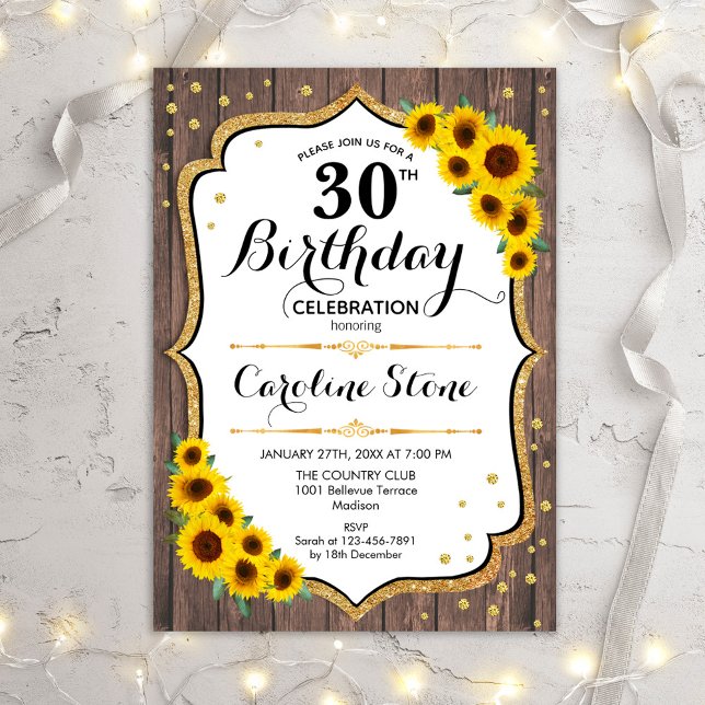 Rustic 30th Birthday - Sunflowers Wood Invitation (Creator Uploaded)