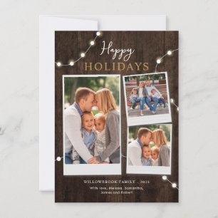 Rustic 3 Family Photos Christmas Fairy Lights  Holiday Card