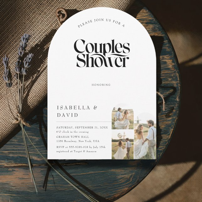 Rustic 3 Photo Arch Script Budget Couples Shower Invitation (Creator Uploaded)