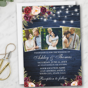 Rustic 3 Photo Burgundy Floral Lights Wood Wedding Invitation