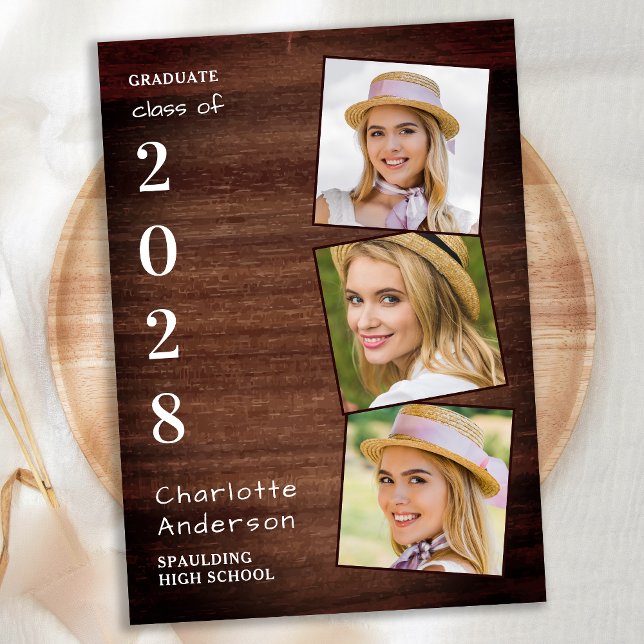 Rustic 3 Photo Collage Country Wood Graduation Announcement (Creator Uploaded)