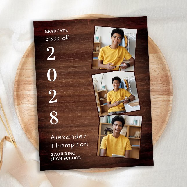 Rustic 3 Photo Collage County Wood Graduation Announcement Postcard (Creator Uploaded)