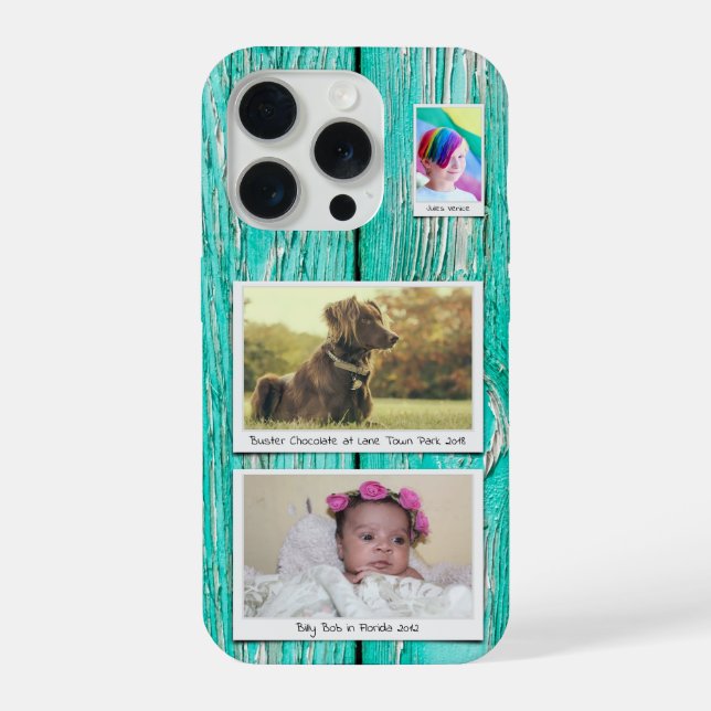Rustic 3 Photo Collage Teal Blue Green Planks iPhone Case (Back)