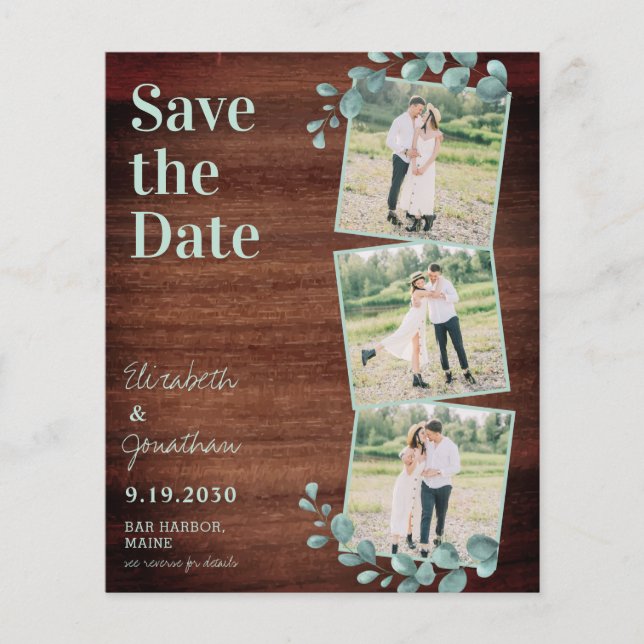 Rustic 3 Photo Eucalyptus QR Code Save The Date (Front)
