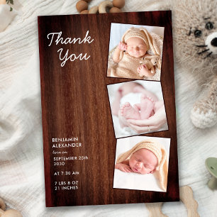 Rustic 3 Photo New Baby Country Wood Shower Thank You Card