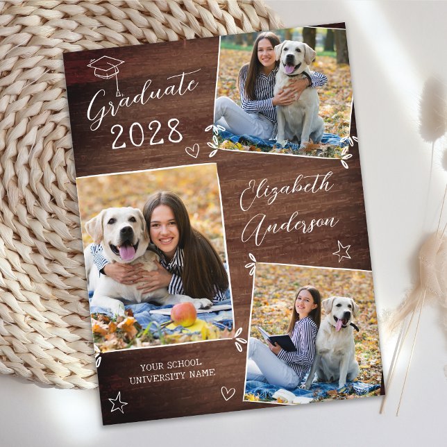 Rustic 3 Photo Personalised Doodle Wood Graduation Invitation Postcard (Creator Uploaded)