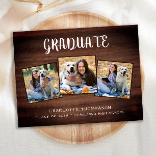 Rustic 3 Photo Wood Graduation Invitation Postcard
