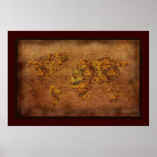 Rustic 3D Rust-tone World Map Art Poster (Front)