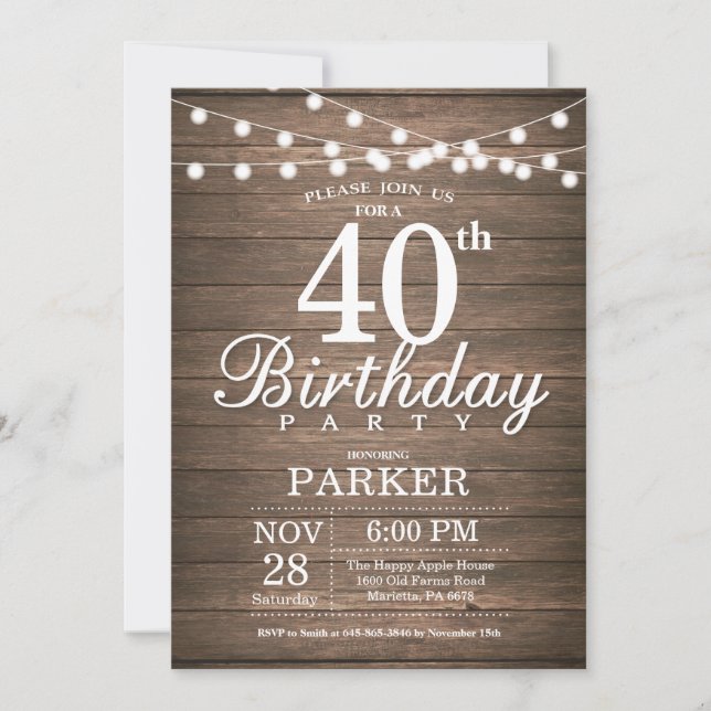 Rustic 40th Birthday Invitation String Lights Wood (Front)