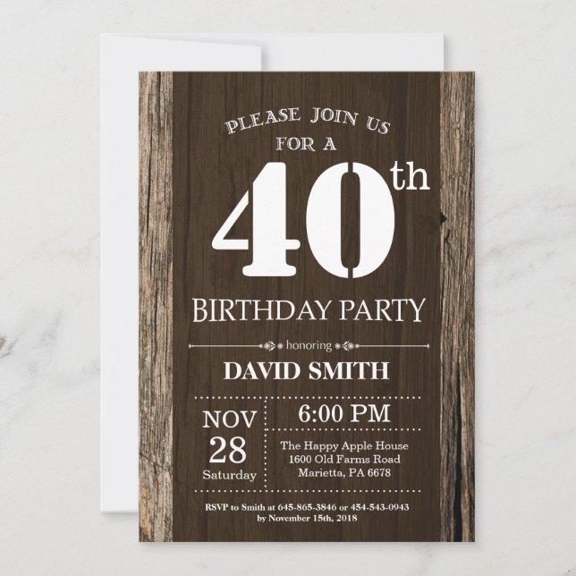 Rustic 40th Birthday Invitation Vintage Wood (Front)