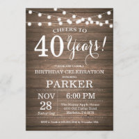 Rustic 40th Birthday Invitation Wood