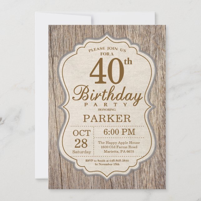 Rustic 40th Birthday Invitation Wood (Front)