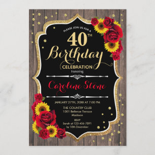 Rustic 40th Birthday - Roses Sunflowers Wood Invitation