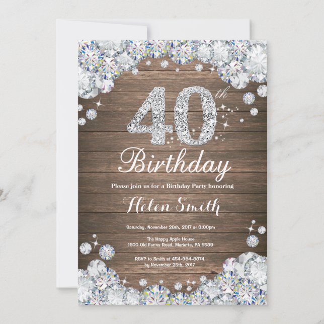 Rustic 40th Birthday Silver Diamond Invitation (Front)
