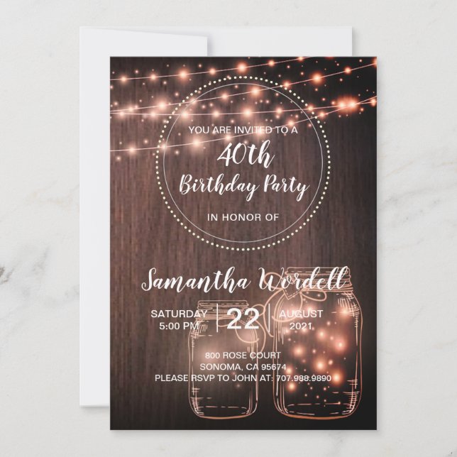 Rustic 40th Birthday String Lights Invitation (Front)