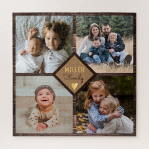Rustic 4 Photo Collage Family Name Wood Jigsaw Puzzle