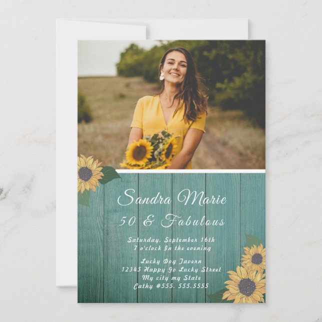Rustic 50 and Fabulous | Sunflower Green  Birthday Invitation (Front)