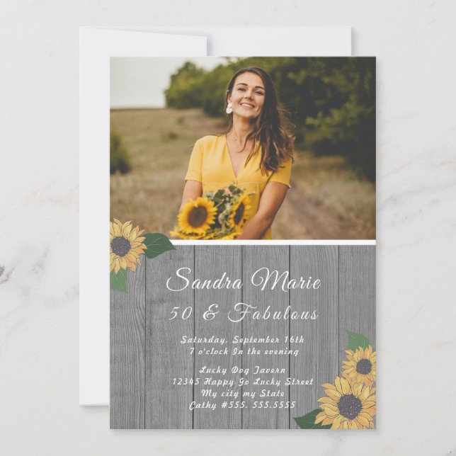 Rustic 50 and Fabulous | Sunflower Grey Birthday I Invitation (Front)