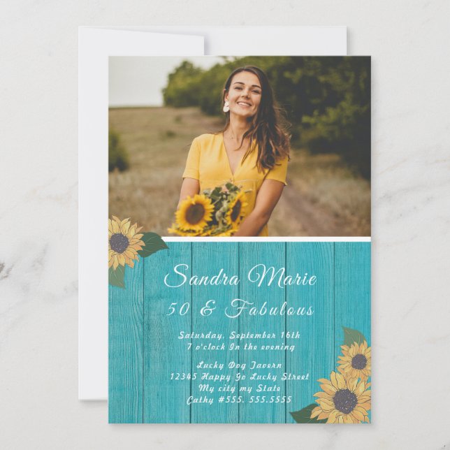 Rustic 50 and Fabulous | Sunflower Teal Birthday Invitation (Front)