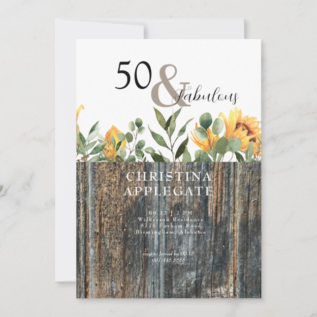 Rustic 50 & Fabulous Sunflower Birthday  Invitation (Front)