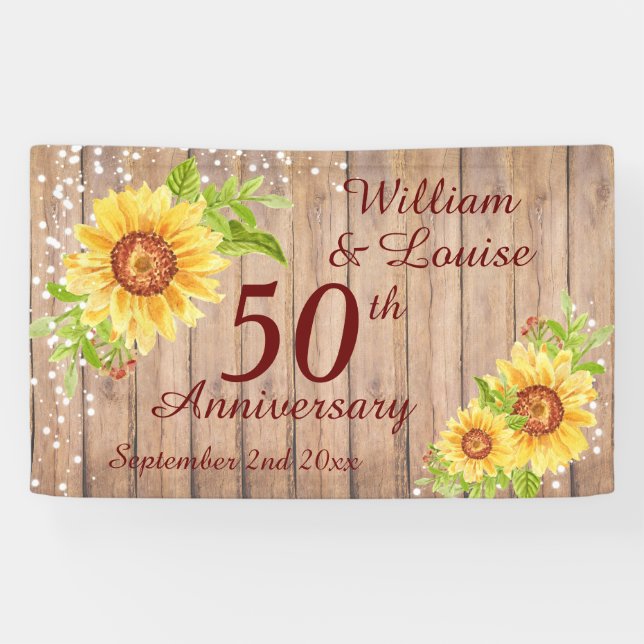 Rustic 50th Anniversary Floral Sunflower Party Banner (Horizontal)