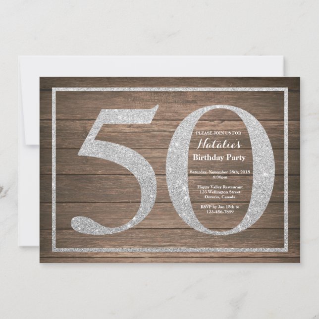 Rustic 50th Birthday Invitation Silver Glitter (Front)