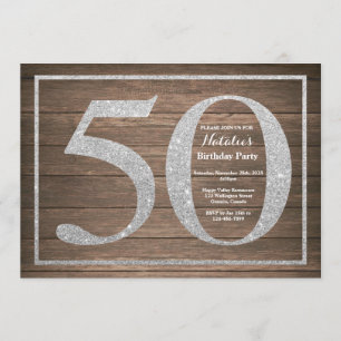 Rustic 50th Birthday Invitation Silver Glitter