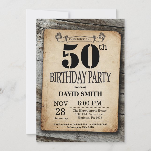 Rustic 50th Birthday Invitation Vintage Wood (Front)