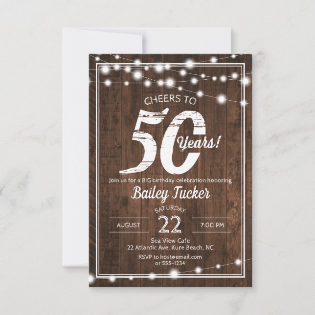 Rustic 50th Birthday String Lights Birthday Party Invitation (Front)