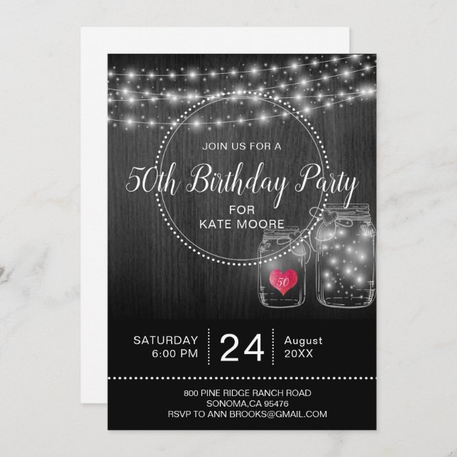 Rustic 50th Birthday String Lights Mason Jars Invitation (Front/Back)