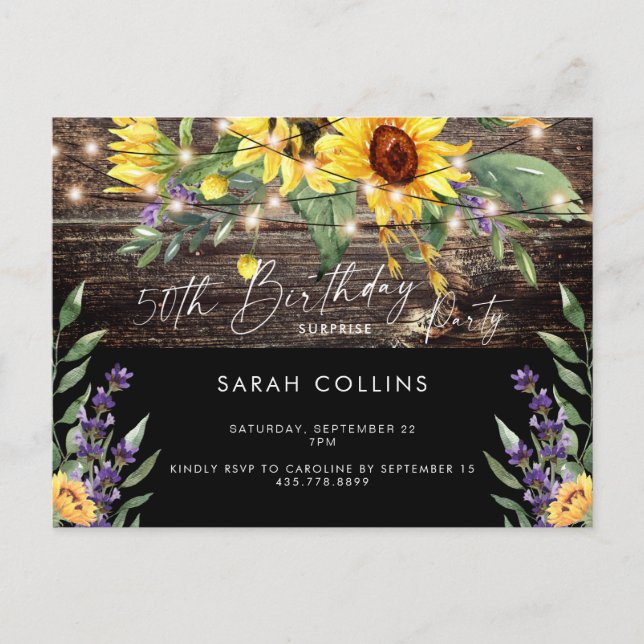 Rustic 50th Birthday Sunflower Black Birthday  Invitation Postcard (Front)