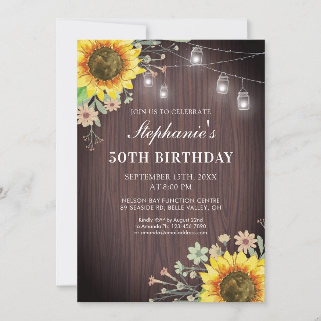Rustic 50th Birthday Sunflower Wood Jar Lights Invitation (Front)