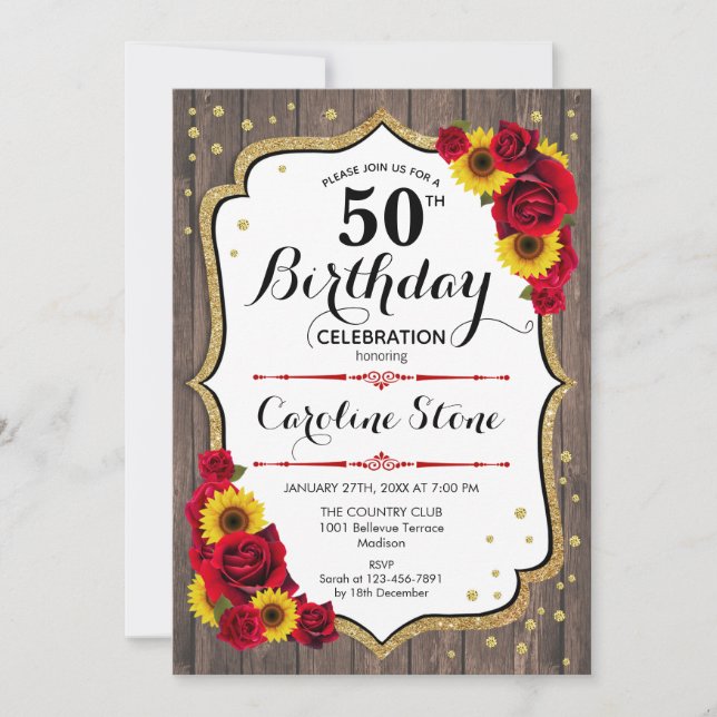 Rustic 50th Birthday - Sunflowers Roses Wood Invitation (Front)