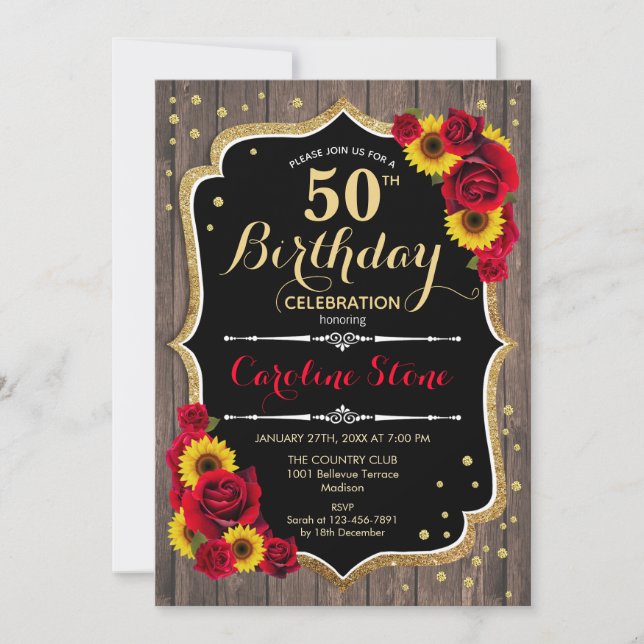 Rustic 50th Birthday - Sunflowers Roses Wood Invitation (Front)