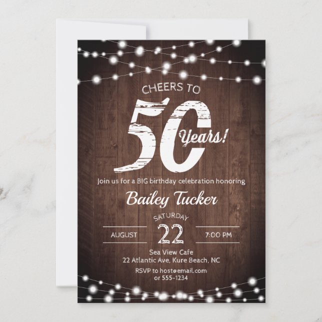 Rustic 50th Birthday Wood & String Lights Birthday Invitation (Front)