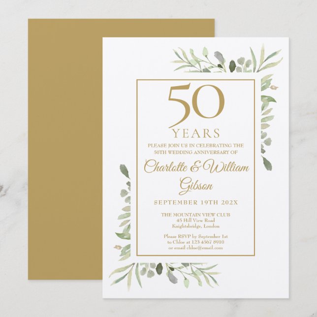 Rustic 50th Golden Wedding Anniversary Greenery Invitation (Front/Back)