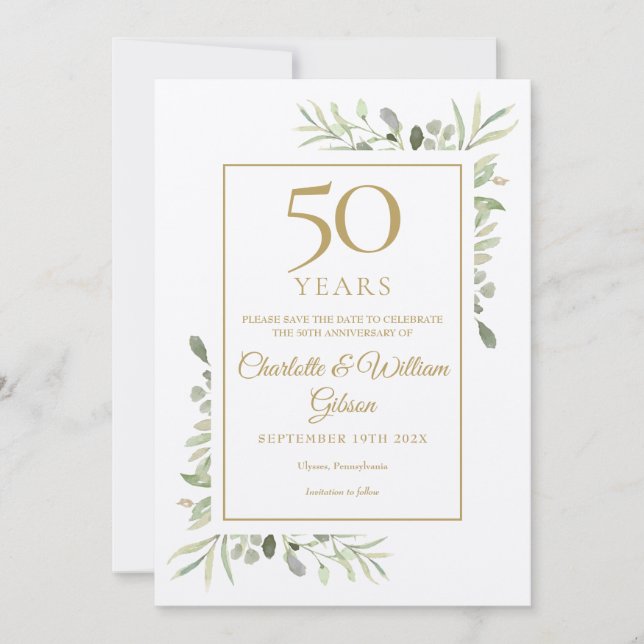 Rustic 50th Golden Wedding Anniversary Greenery Save The Date (Front)