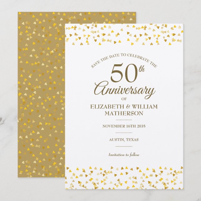 Rustic 50th Wedding Anniversary Gold Hearts Save The Date (Front/Back)