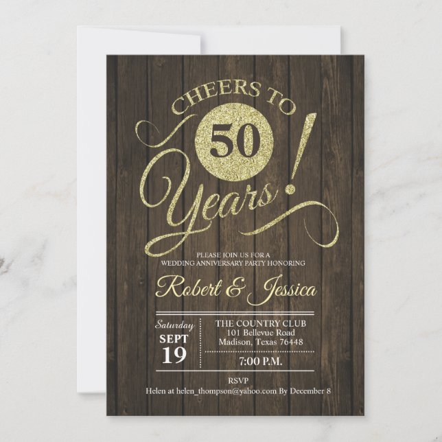 Rustic 50th Wedding Anniversary Gold with Wood Invitation (Front)