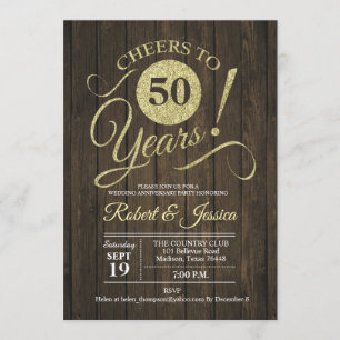 Rustic 50th Wedding Anniversary Gold with Wood Invitation